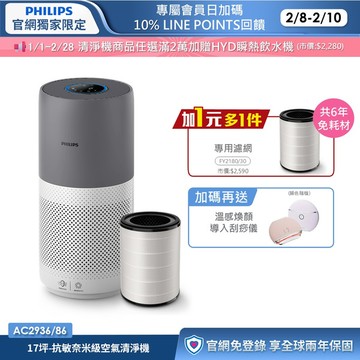 ★送三年份濾網★飛利浦抗敏奈米級空氣清淨機(AC2936/86)-適用17坪