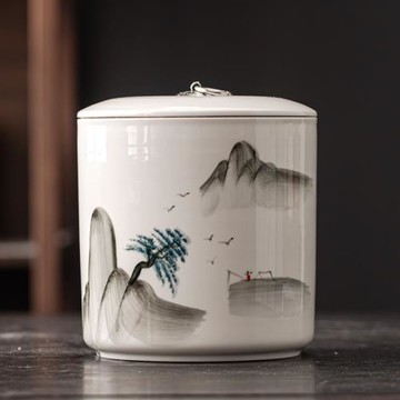 琛森 手繪白瓷茶葉罐陶瓷密封罐大號家用1斤裝普洱紅茶防潮儲茶罐