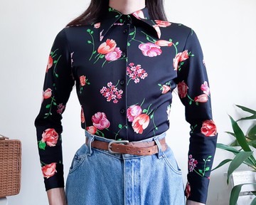復古 1970 年代花卉襯衫鬱金香印花迪斯可襯衫匕首領夏季襯衫