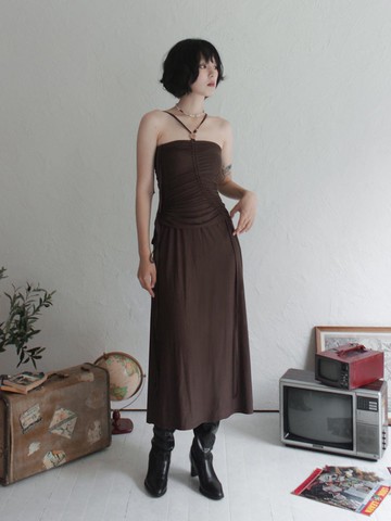 Shirring Strap Tube Dress_BROWN