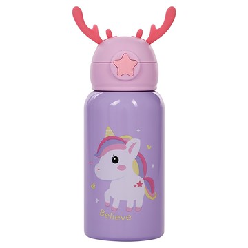 HIKARI 日光生活 可愛鹿角吸管保溫瓶 450ml 附保溫提袋  顏色隨機  1個