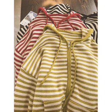 高級感超好看外搭開衫復古條紋鏤空毛衣連帽糖果色針織外套女春秋