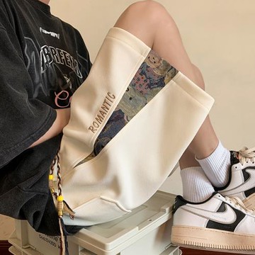 短褲男夏季新款潮牌痞帥拼接刺繡運動褲子大碼寬松直筒休閑五分褲