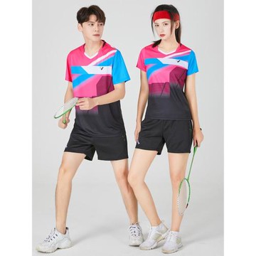 新品男女羽毛球服套裝修身速干V領比賽印字運動吸汗短袖排球乒乓