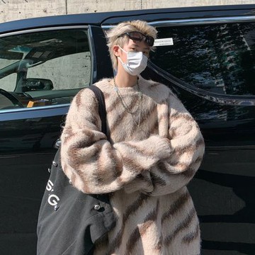 復古小眾高級感不規則斑馬紋毛衣男女圓領套頭刷毛針織衫外套潮牌