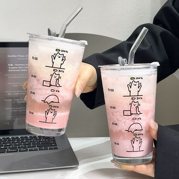 貓咪時間提醒玻璃杯 吸管玻璃杯 玻璃杯 牛奶杯 果汁杯 耐熱杯子 環保杯刻度杯 水杯 玻璃水壺 杯子隨行吸管杯咖啡