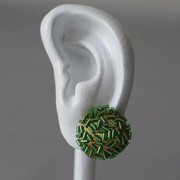 散落耳夾2顆圓形竹綠黃無鎳耳夾大號獨一無二珠繡