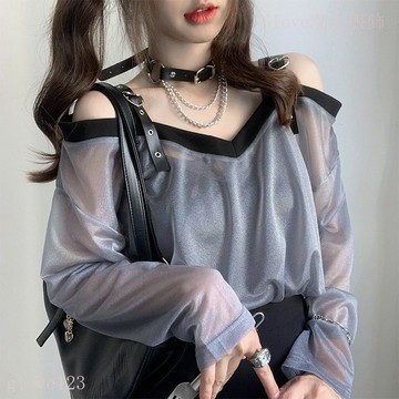 🌷臺灣出貨🌷微透露肩 網紗皮扣 吊帶T恤女 薄款夏季 辣妹設計感 ins 外套長袖 防曬衫 上衣女 長袖T恤 小衆