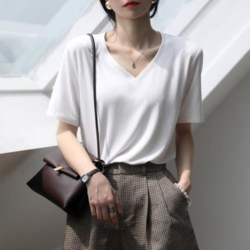 v領白色t恤女2023新款莫代爾寬松純色通勤短袖體恤韓版半袖上衣潮