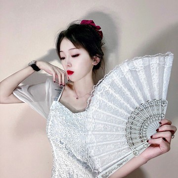公主風雙層蕾絲布面扇子古風女學生霸氣折扇隨身攜帶塑料ins風