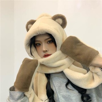 可愛熊耳朵毛絨帽子圍巾一體手套三件套秋冬保暖雷鋒護耳帽女韓國