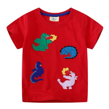 Jumping meters - 棉質圓領短袖上衣-噴火恐龍-紅色