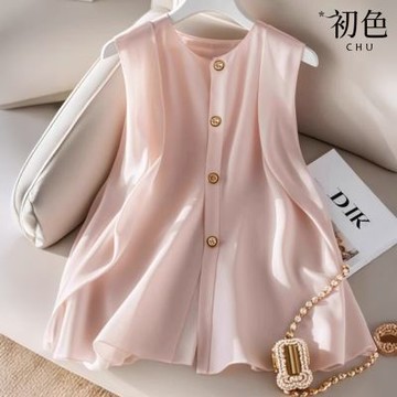 初色 高雅純色圓領排扣無袖背心女背心-粉紅色-13883(M-2XL可選)
