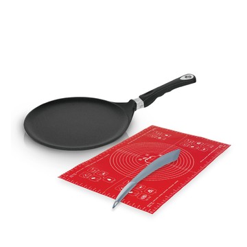 瑞康屋 德國黑魔法不沾鍋可麗餅烤盤28cm+法國瑪仕翠(大揉麵墊紅+彈性弧度刮刀灰33cm)