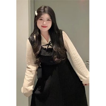 大碼法式氣質復古赫本風小黑裙女春秋胖mm顯瘦遮肚子假兩件連衣裙