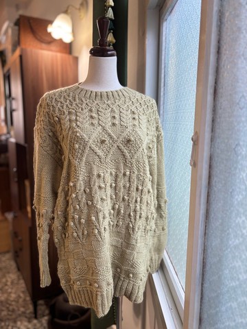 蘋果綠編織圓球長版古著毛衣