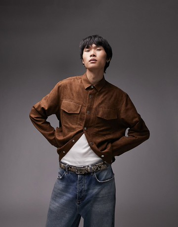Topman faux suede overshirt in tobacco brown-Multi