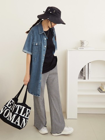 棉質排釦寬版短袖牛仔外套(附皮帶)