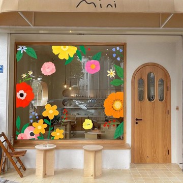 ins風創意裝飾玻璃門貼紙 花店童裝餐廳櫥窗花草佈置PVC防水靜電貼畫