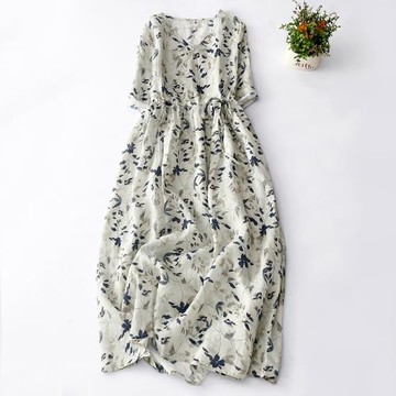 苧麻印花連衣裙女夏季2024新款洋氣減齡大碼女裝短袖棉麻碎花裙子