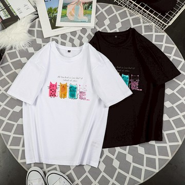 2021夏季新款貓咪印花純棉寬松t恤女半袖上衣粉色圓領短袖ins體恤