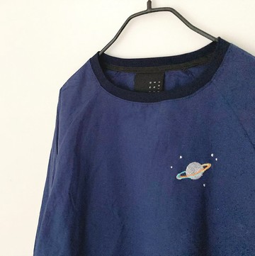 夏季長袖上衣 棉麻襯衫 / Saturn Embroidery / 深藍