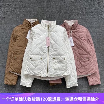 清倉處理 出口歐美短款英倫風菱形格棉衣女雙面穿羊羔絨兩面外套
