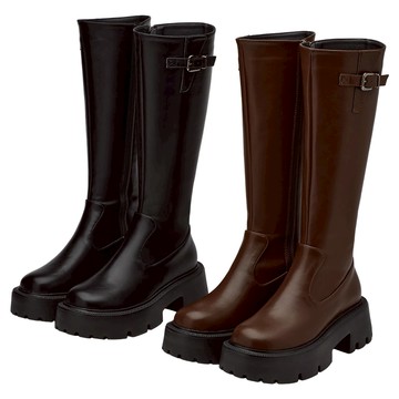 【Grace Gift】復古金屬扣輕量鬆糕厚底瘦瘦長靴