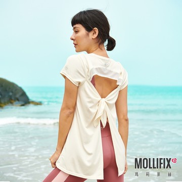 Mollifix 瑪莉菲絲 環保美背後綁結短袖上衣 (蒲公英白)、瑜珈服、背心、T恤