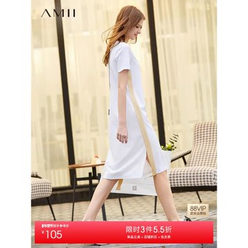 Amii2025夏新款撞色拼接側開衩彈力60支羅馬布短袖直筒連衣裙