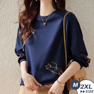 【LANNI 藍尼】現+預 時尚質感貓咪印花寬鬆圓領上衣(春夏/長袖/舒適質感/通勤)