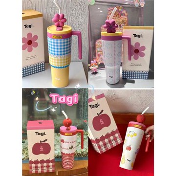 Tagi保溫杯怦怦花田噸噸杯大容量可愛車載冰霸杯吸管杯不銹鋼水杯