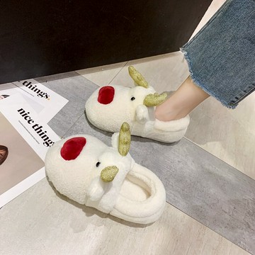 敲可愛小鹿毛絨絨棉鞋女冬室內加絨居家卡哇伊毛毛鞋厚底外穿保暖