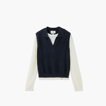 女裝-假兩件翻領背心長袖針織衫-藏青色