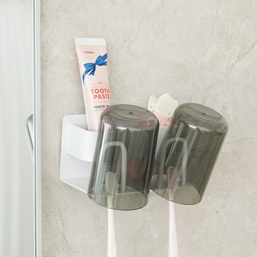 Living gonggam 免鑽孔牙刷架 刮鬍刀牙膏架 + 漱口杯組 2杯款  1個  白色