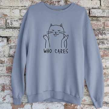 Who Cares Cat #2 中性大學T 刷毛 藍灰色 貓毛小孩聖誕交換禮物