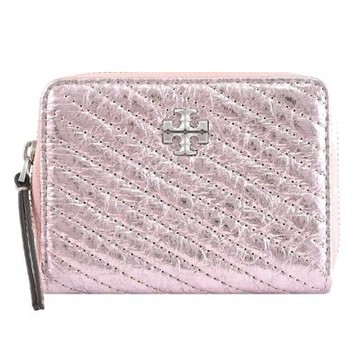 TORY BURCH 金屬LOGO揉製絎縫亮面皮革ㄇ字拉鍊零錢包(粉)
