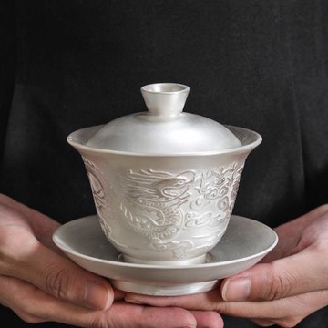 銀蓋碗 999純銀敬茶碗鎏銀茶具功夫三才碗中式高檔浮雕手抓泡茶器