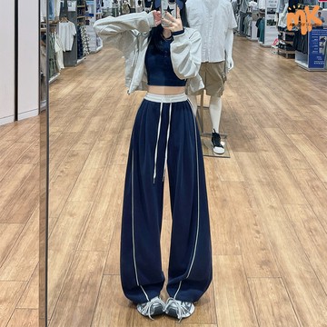 預購️💕美式 運動褲 復古 藏青色 運動棉褲 春秋冬季 寬鬆 直筒褲 休閒褲 垂墜感 寬褲 設計感女裝 高個子 長褲