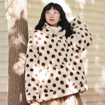 米黃底棕色波點 連帽拉鏈毛絨絨棉服外套