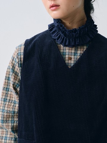 深藍色棉麻雙層花邊百搭假領