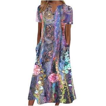 2024亞馬遜歐美跨境女裝夏季新款V領紐扣短袖寬松大擺印花連衣裙