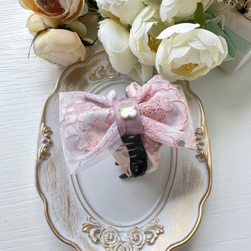 美國品牌蕾絲燙金棉布蝴蝶結抓夾髮夾髮飾-煙燻粉色