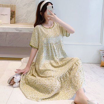 睡衣睡裙女士短袖加大碼韓版綿綢中長款純棉綢家居服夏【倪醬】