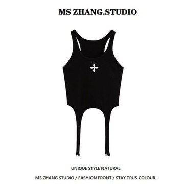 2022夏季新款設計感十字架貼標掛鉤圓領無袖修身顯瘦背心打底衫女