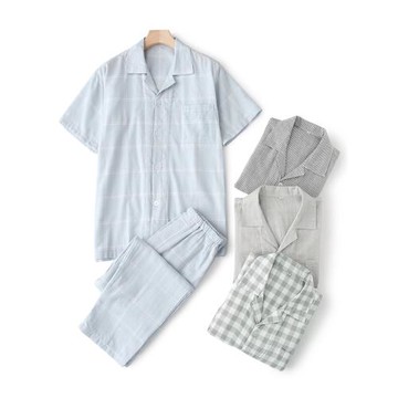 睡衣男夏季純棉紗布格子短袖短褲長褲200斤加大碼全棉家居服套裝