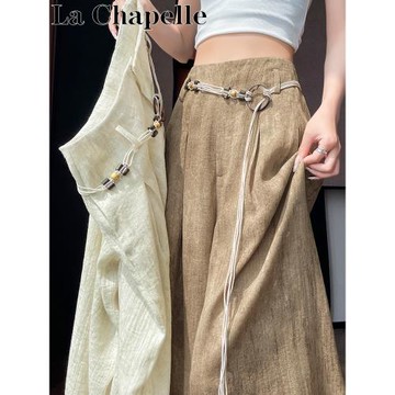 (免運)拉夏貝爾卡其色扎染天絲亞麻闊腿褲女夏薄款冰絲棉麻西裝山本裙褲