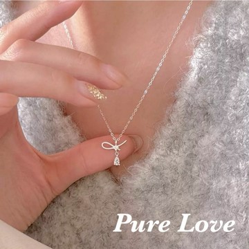 Pure Love樂芙 / 正韓 銀飾【S925純銀】N01037簡約通體純銀項鍊打結蝴蝶結水滴鋯石鎖骨鏈 短項鏈 /銀