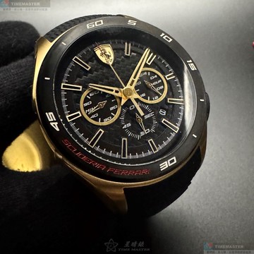 [星晴錶業]FERRARI手錶,46mm,FE00106黑色錶面金色錶殼深黑色矽膠錶帶款