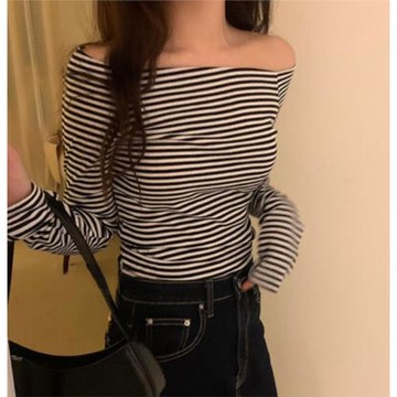 Unique SEI 秋冬經典韓系感條紋一字肩純欲溫柔長袖打底T恤上衣